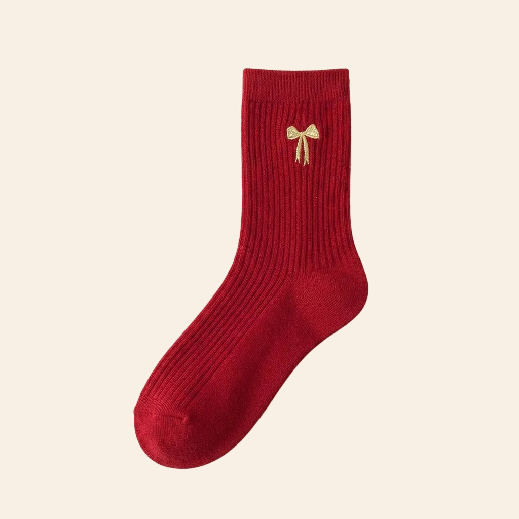 Crimson Ribbed Socks with Gilt Bow
