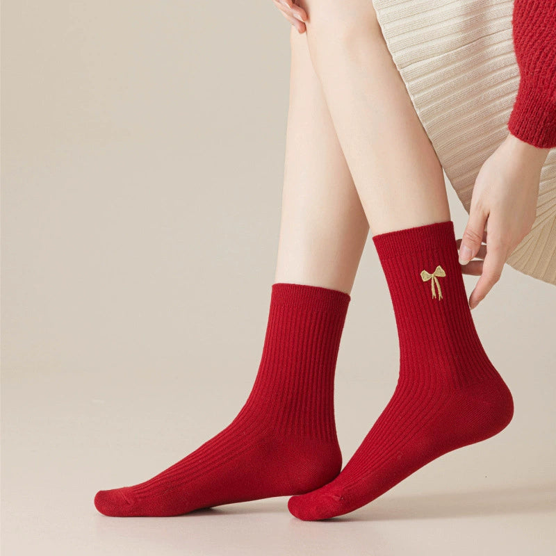 Crimson Ribbed Socks with Gilt Bow