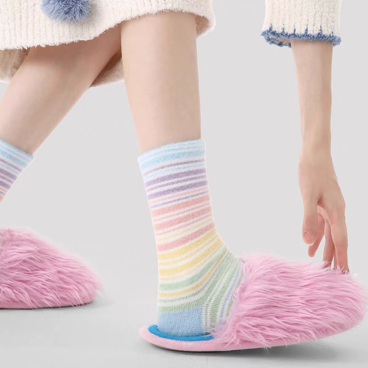 Soft Fuzzy Pastel Rainbow Stripe Crew Socks