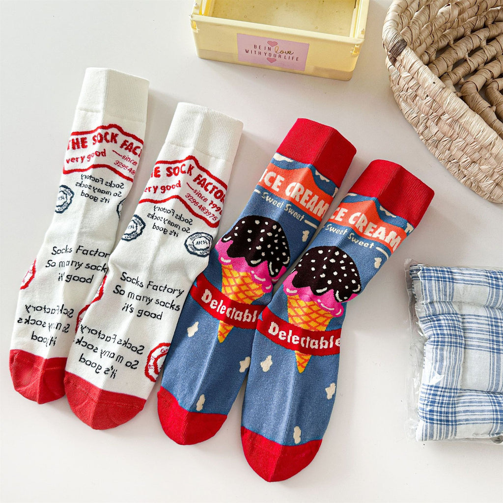 Sweet Ice Cream Graphic Crew Socks with Red Contrast