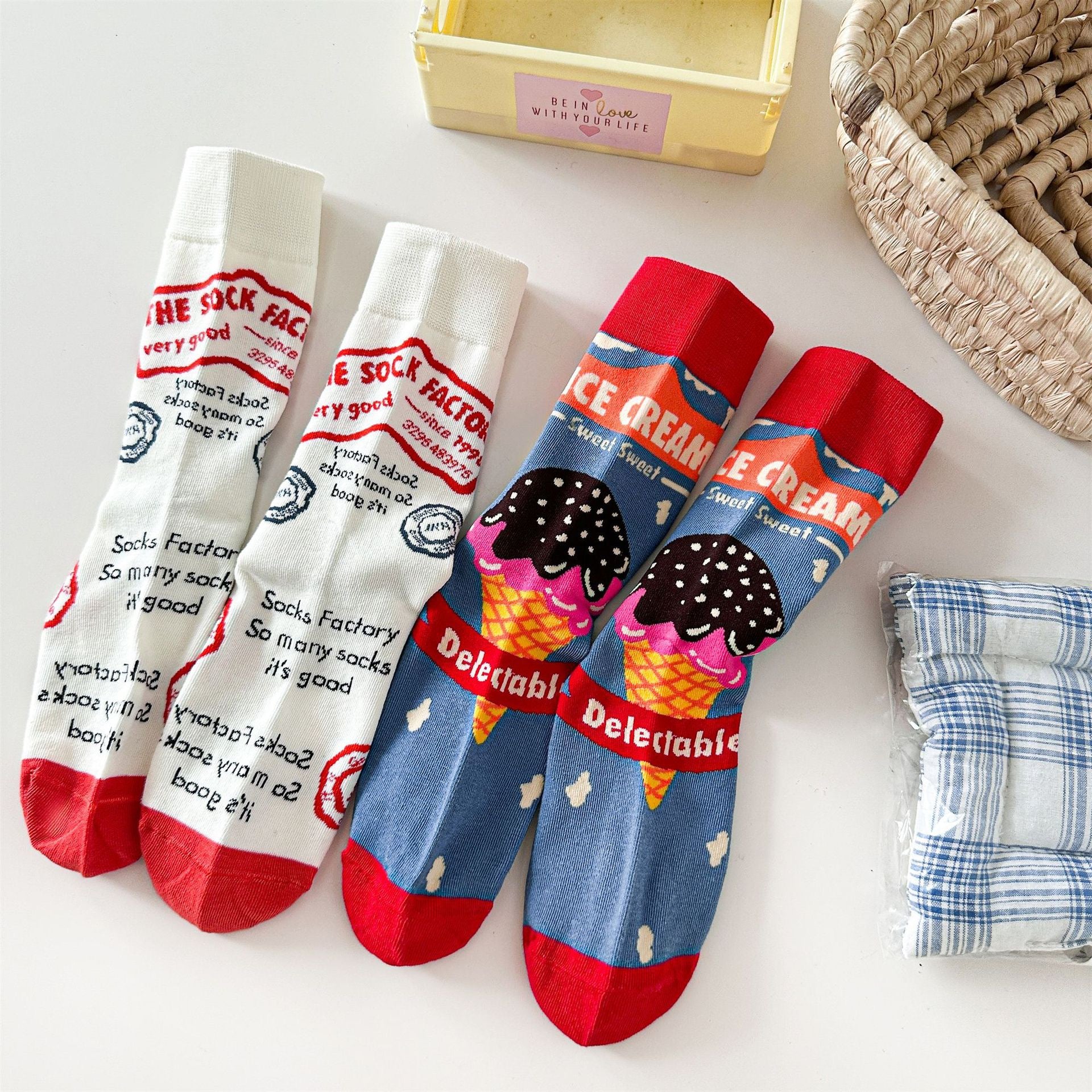Sweet Ice Cream Graphic Crew Socks with Red Contrast