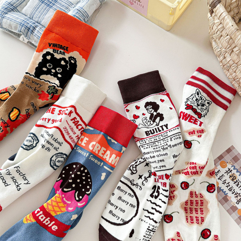 Sweet Ice Cream Graphic Crew Socks with Red Contrast