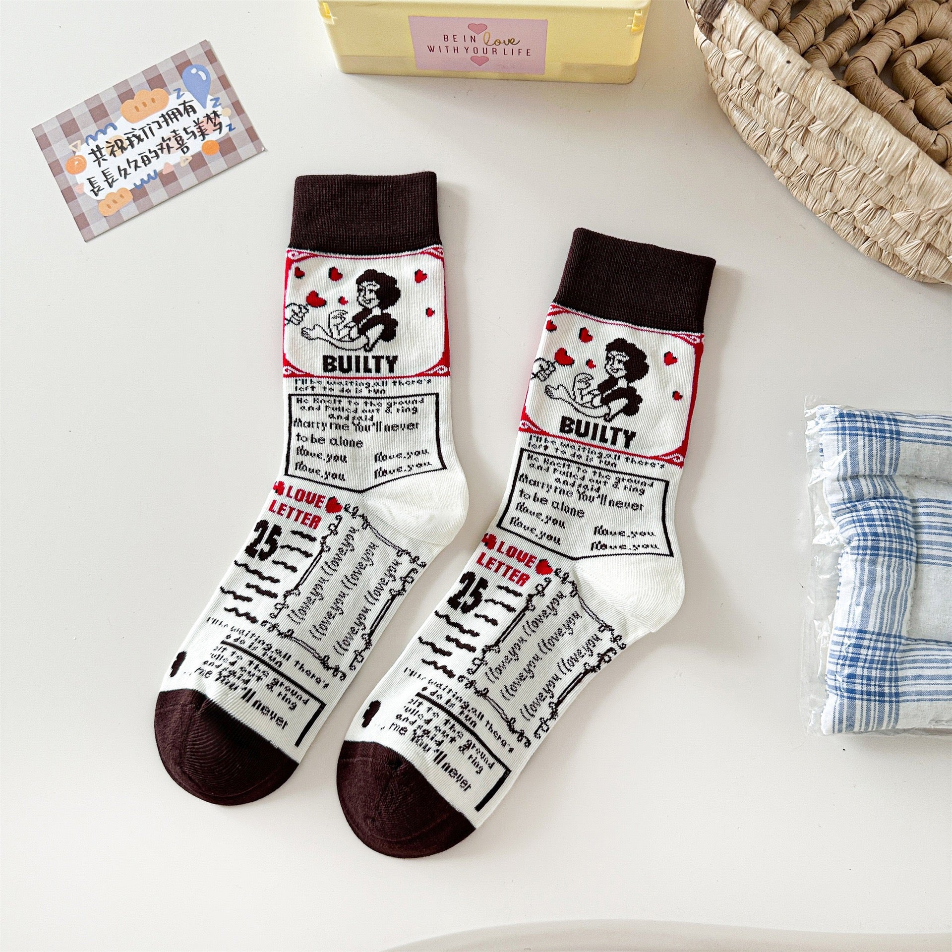 Retro 'Love Letter' Illustrated Knit Socks with Gilt-Edge Details