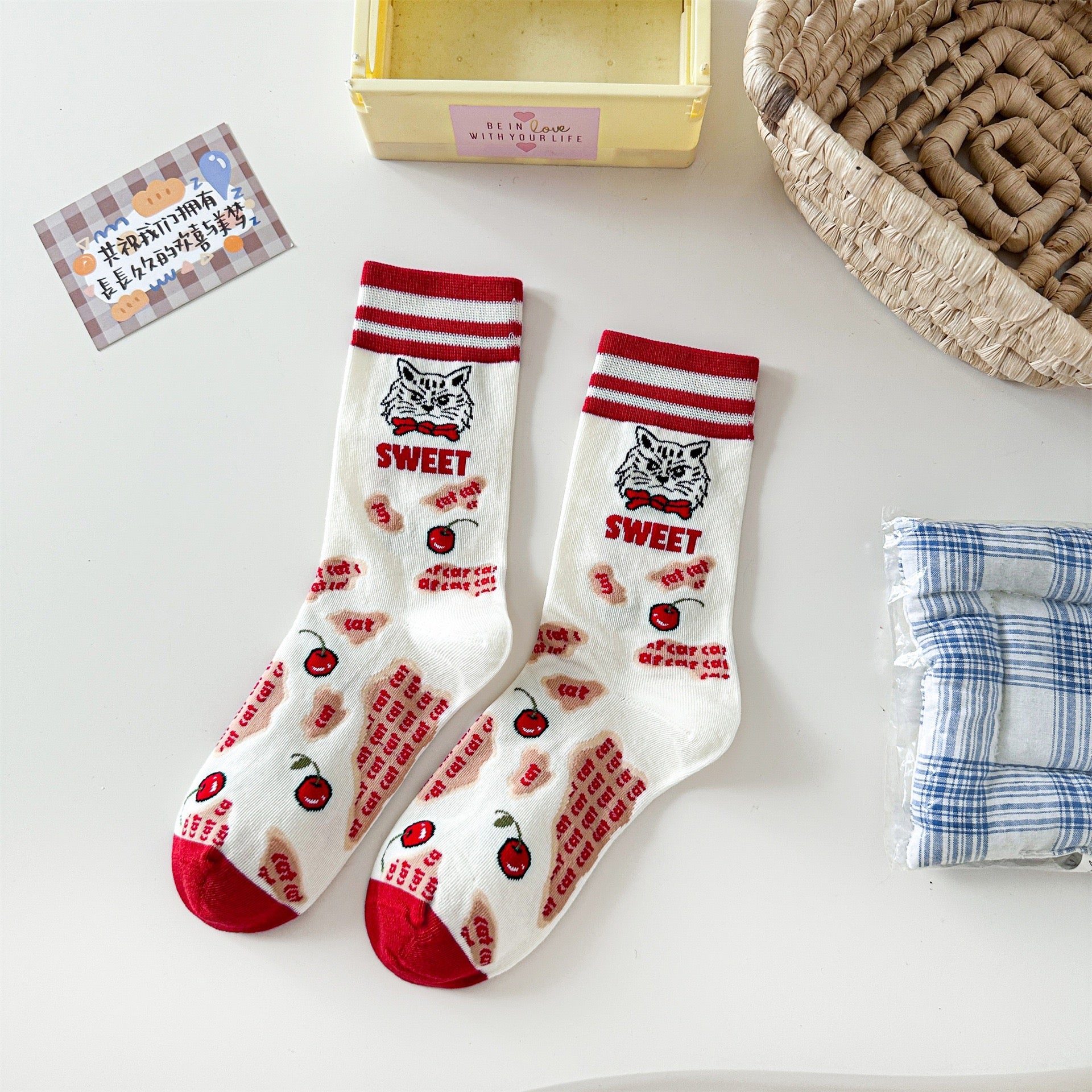 Retro Vibes Cherry Cat Graphic Socks