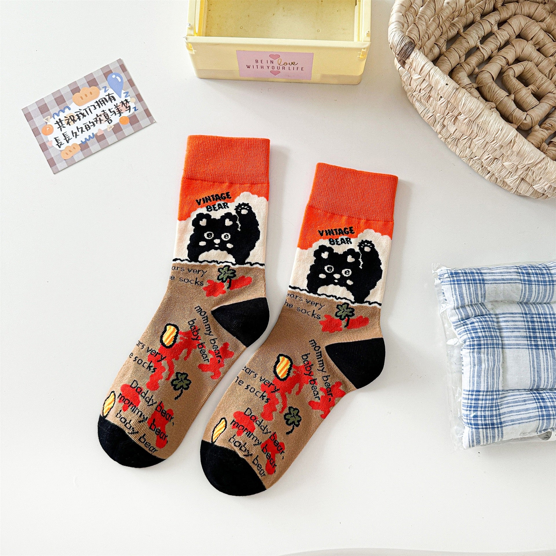 Vintage Bear Graphic Crew Socks with Contrast Cuff & Toe