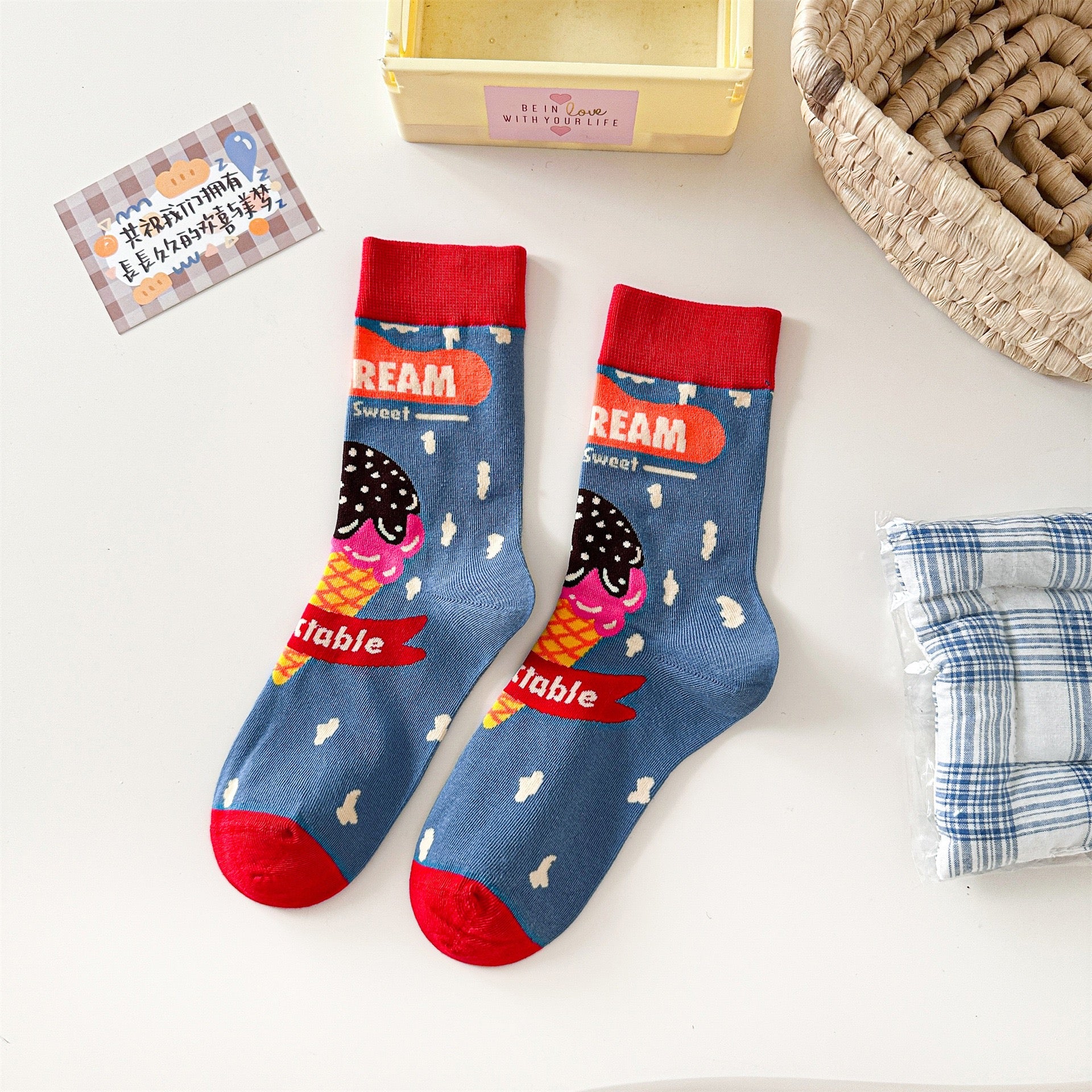 Sweet Ice Cream Graphic Crew Socks with Red Contrast