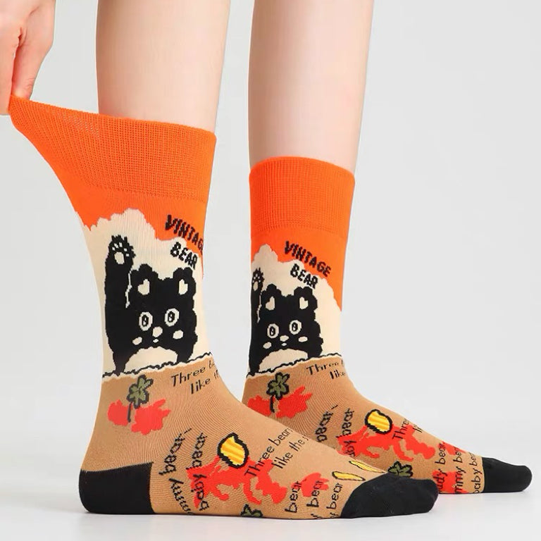 Vintage Bear Graphic Crew Socks with Contrast Cuff & Toe