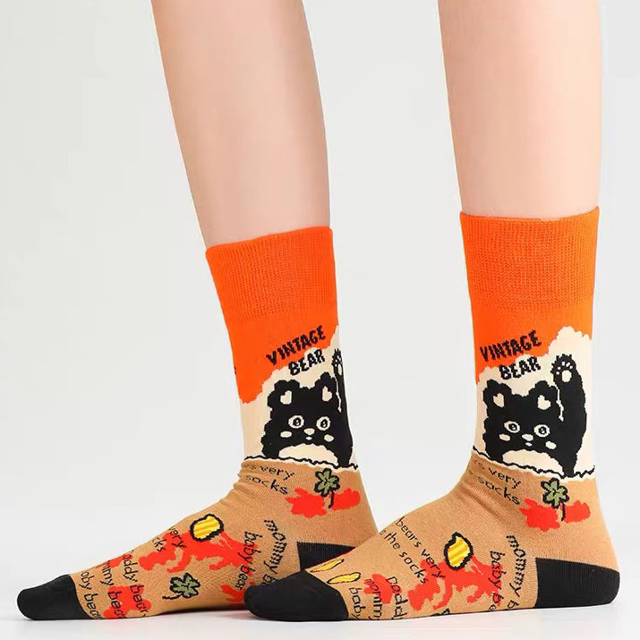 Vintage Bear Graphic Crew Socks with Contrast Cuff & Toe