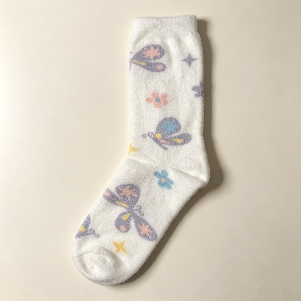 Cute Pastel Butterfly & Floral Fuzzy Crew Socks