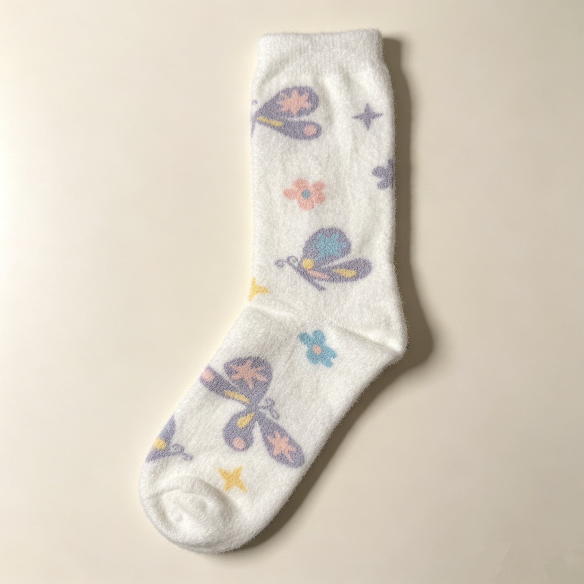 Cute Pastel Butterfly & Floral Fuzzy Crew Socks