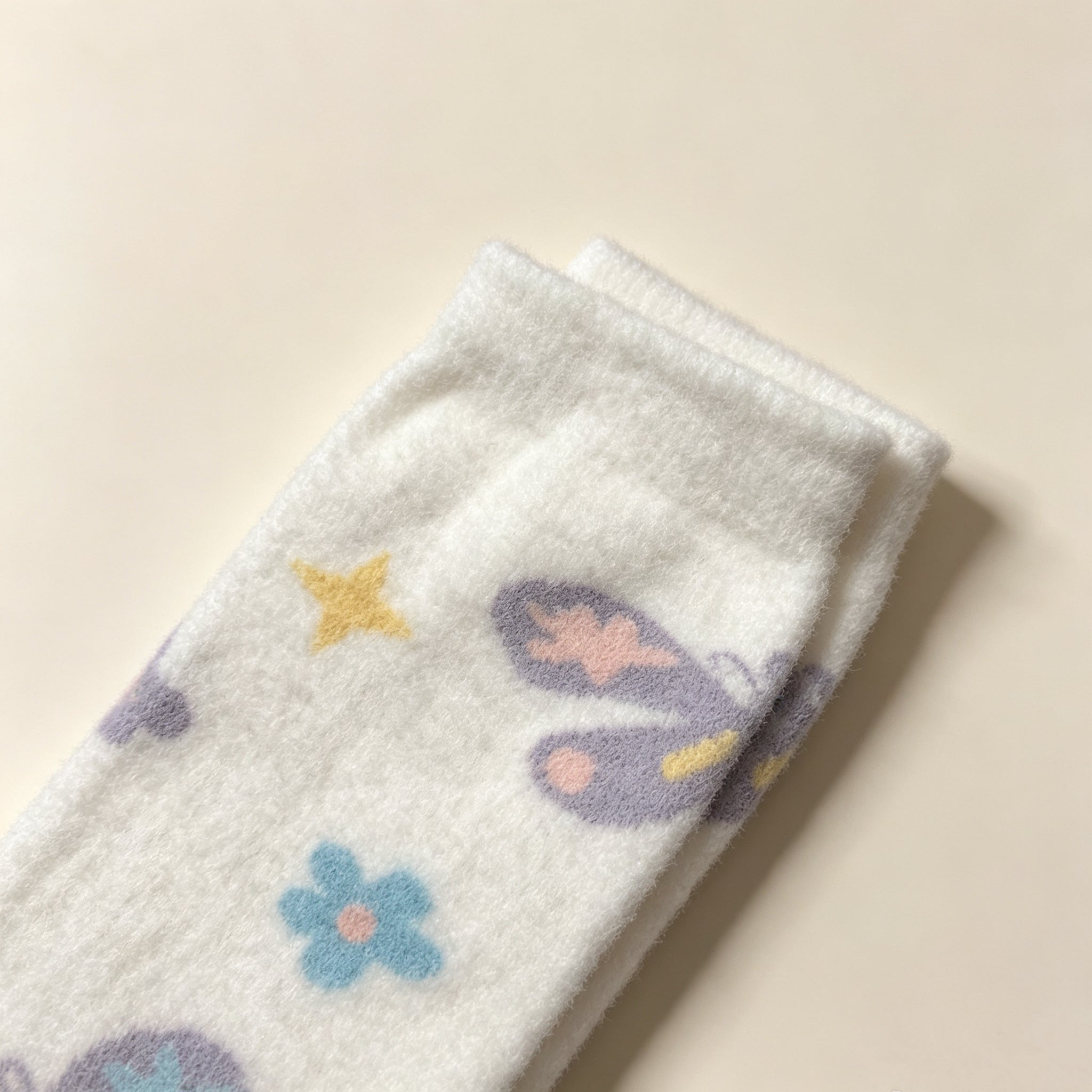 Cute Pastel Butterfly & Floral Fuzzy Crew Socks