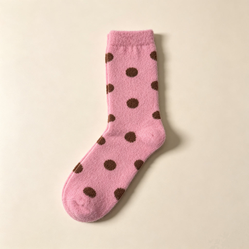 Soft Fuzzy Pink Brown Polka Dot Crew Socks
