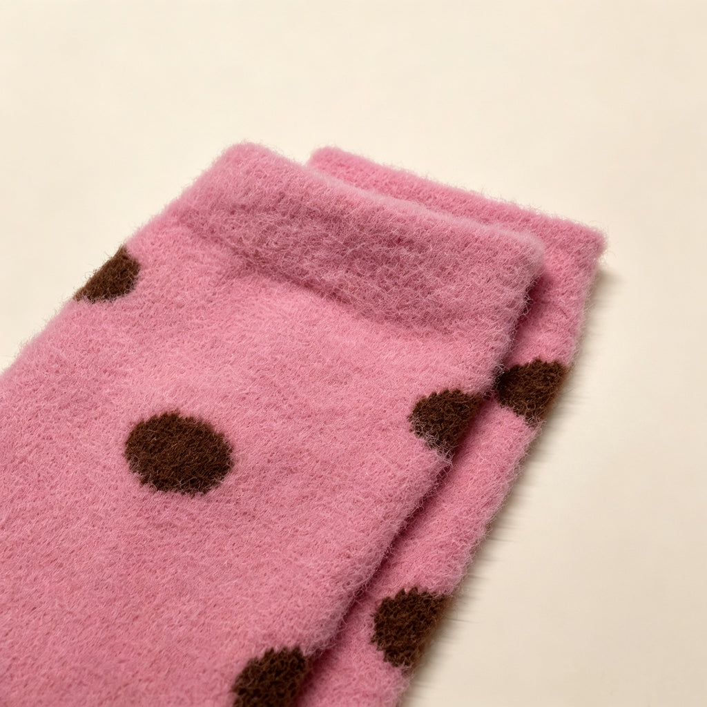 Soft Fuzzy Pink Brown Polka Dot Crew Socks