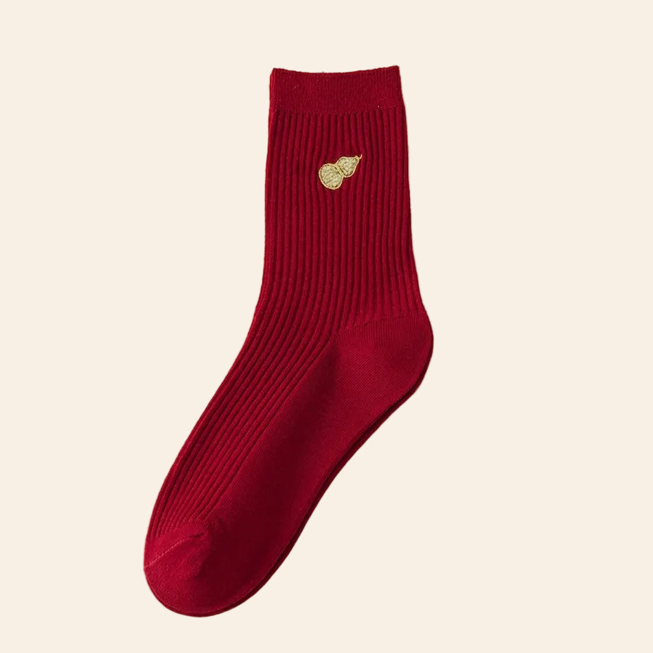 Lucky Gourd Embroidered Ribbed Socks