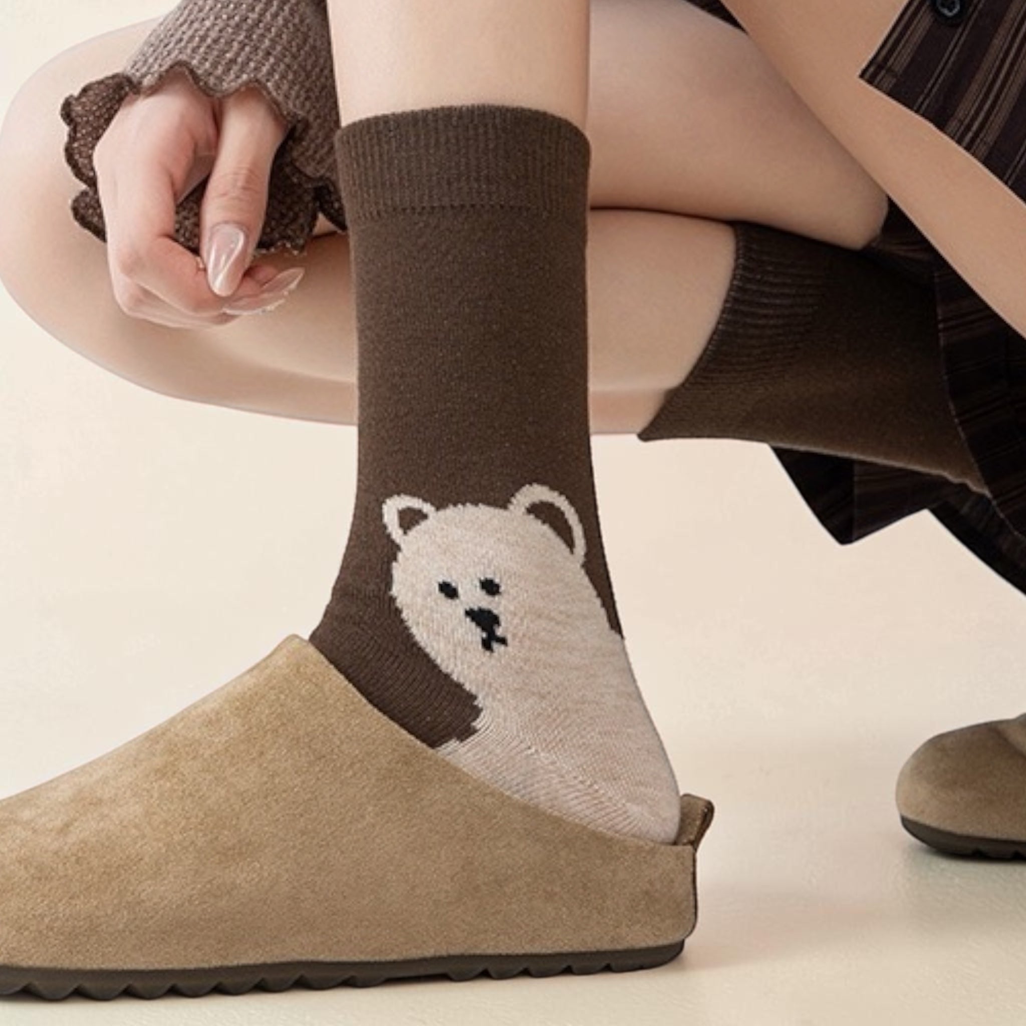 Cute Polar Bear Graphic Crew Socks in Brown