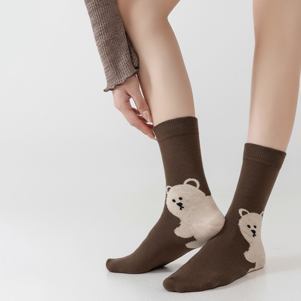 Cute Polar Bear Graphic Crew Socks in Brown
