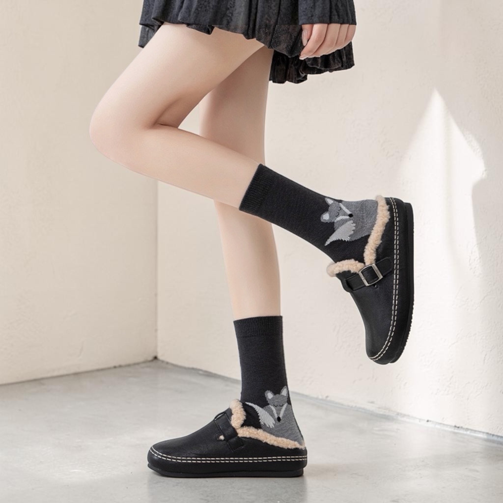 Cute Wolf Graphic Crew Socks in Dark Black