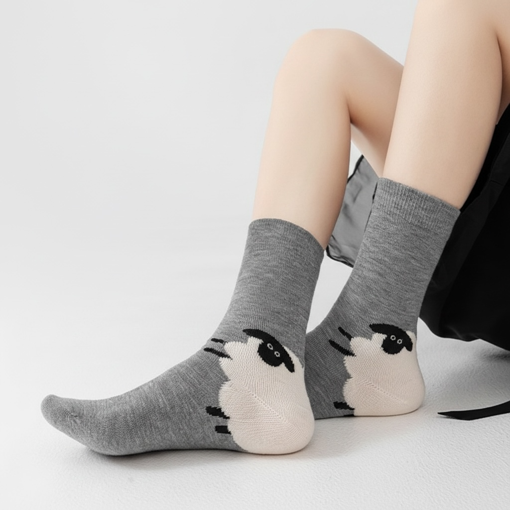 Cute Sheep Graphic Crew Socks in Heather Grey