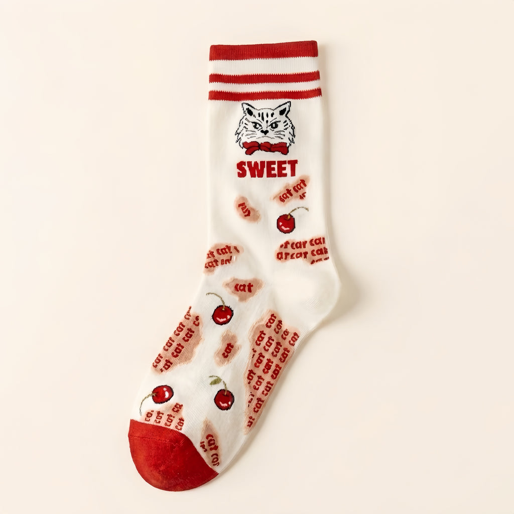 Retro Vibes Cherry Cat Graphic Socks