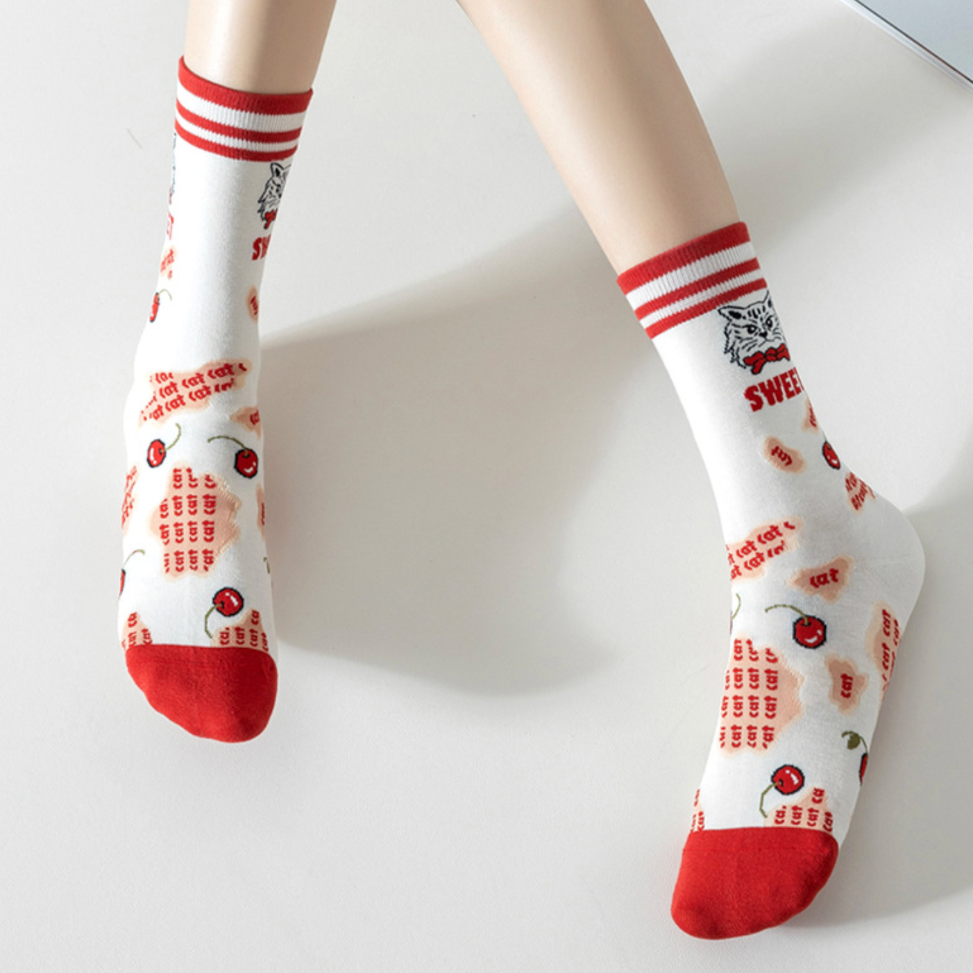 Retro Vibes Cherry Cat Graphic Socks