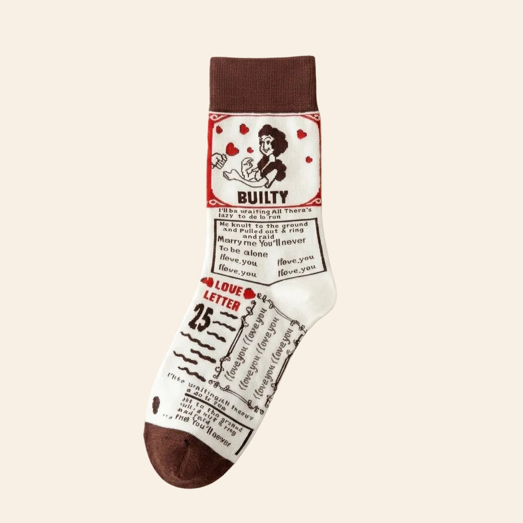 Retro 'Love Letter' Illustrated Knit Socks with Gilt-Edge Details