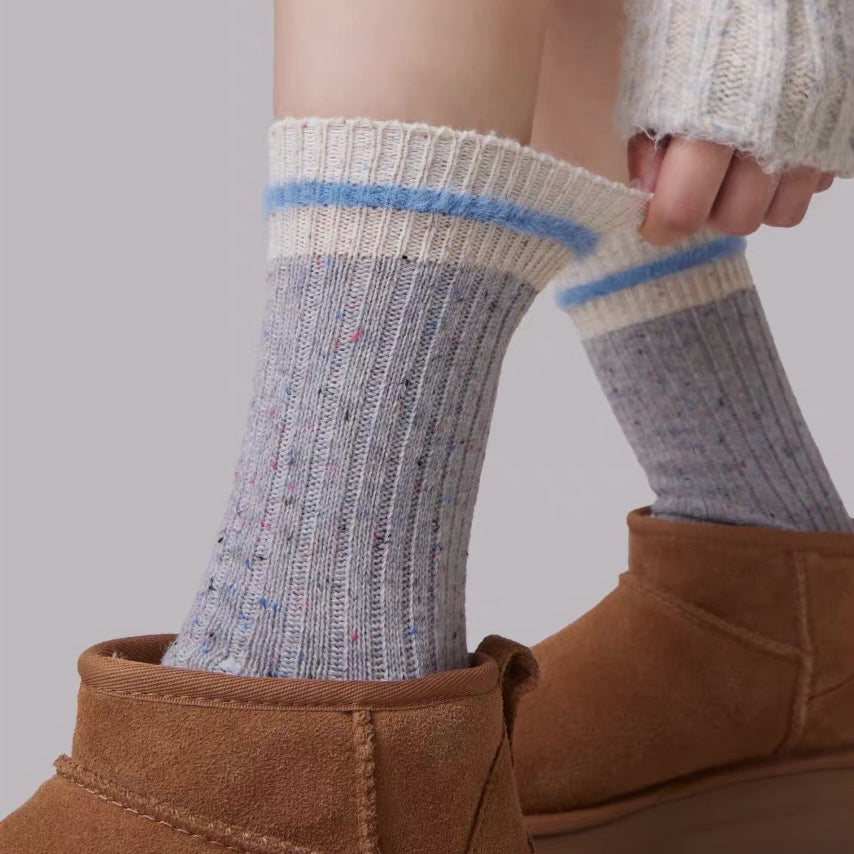 Cozy Flecked Ribbed Crew Socks with Contrast Cuff & Blue Accent