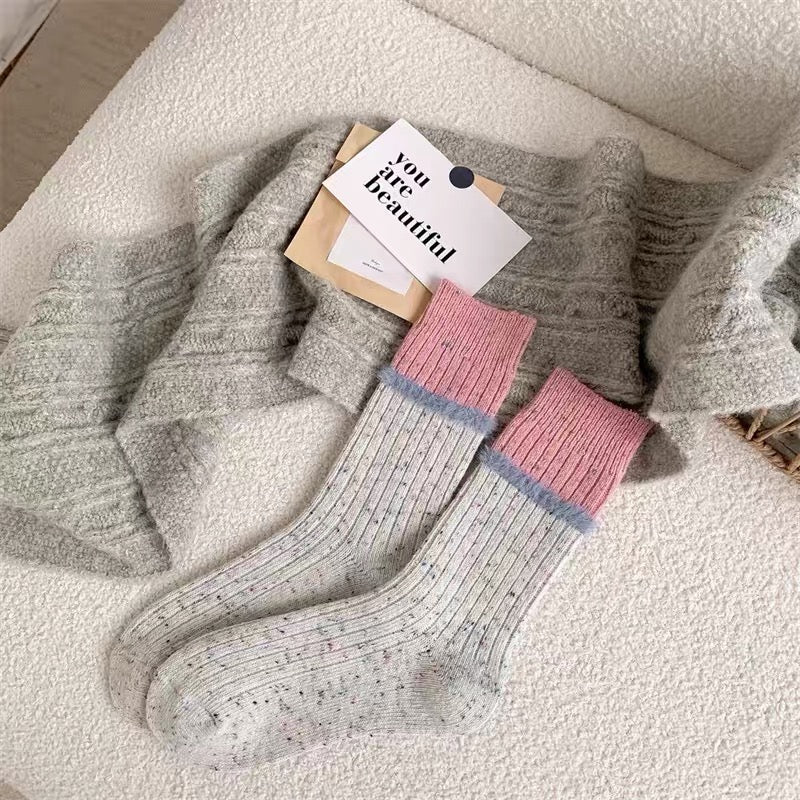 Cozy Flecked Ribbed Crew Socks with Pink Cuff & Fuzzy Accent