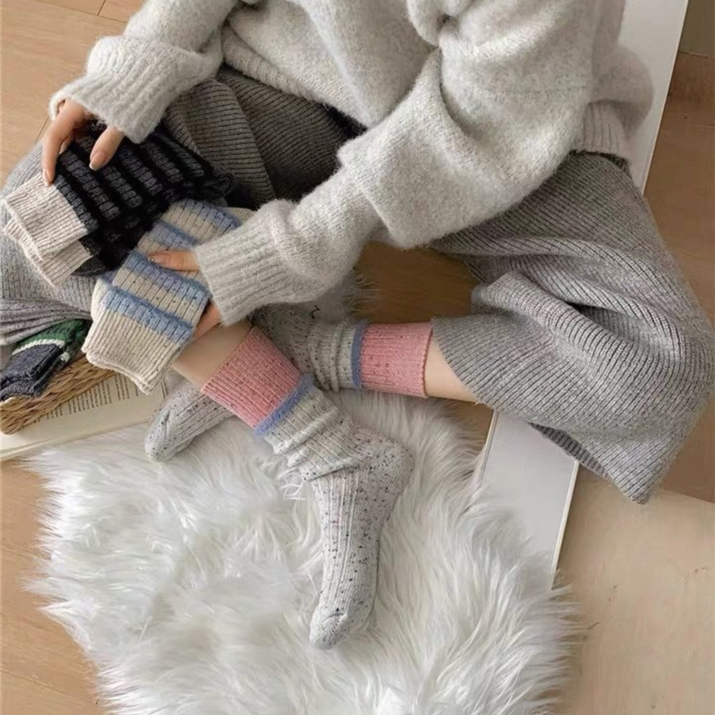Cozy Flecked Ribbed Crew Socks with Pink Cuff & Fuzzy Accent