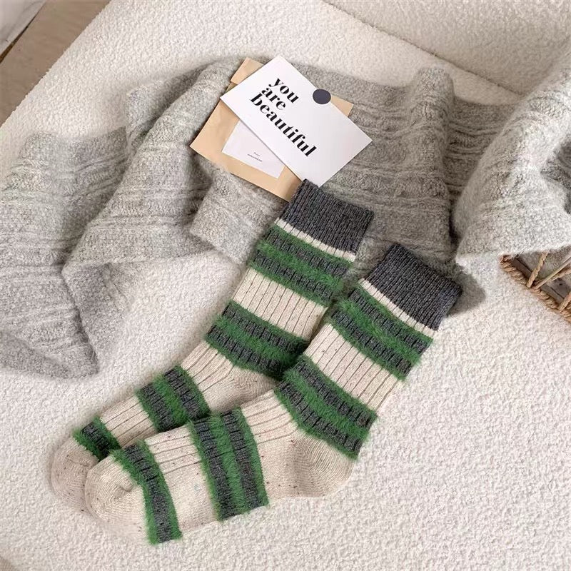 Cozy Forest Green & Charcoal Striped Fuzzy Crew Socks