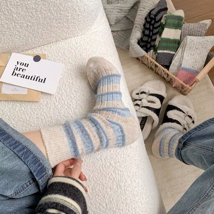 Cozy Pastel Striped Fuzzy Crew Socks